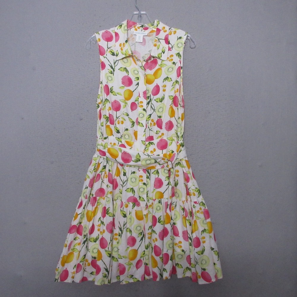 Cynthia Rowley Dress 8 Fruit Novelty Linen Blend Tiered Belt Resort Brunch Boho